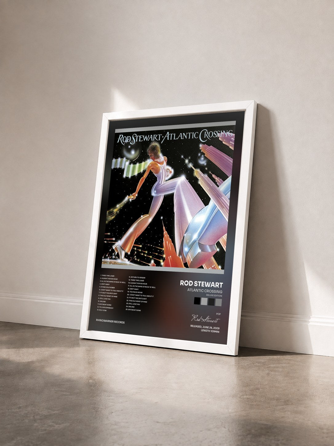 #blanc Atlantic Crossing (Deluxe Edition) de Rod Stewart en lámina enmarcada vista de tres cuartos, marco blanco