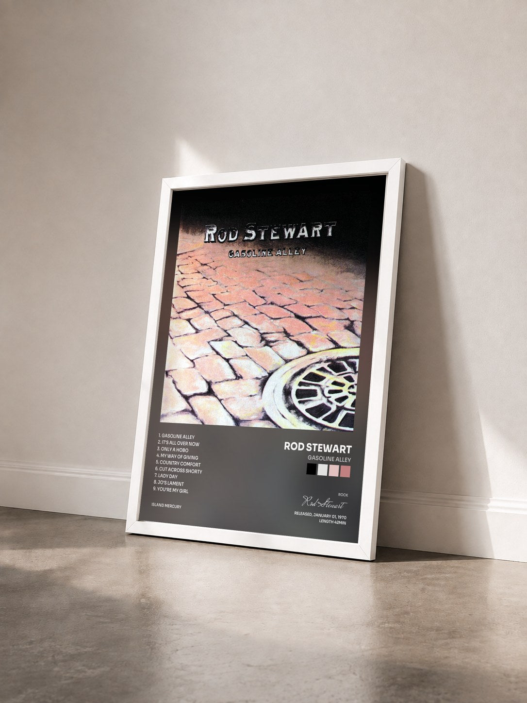 #blanc Tableau de l'album Gasoline Alley de Rod Stewart vu de trois quarts, cadre blanc