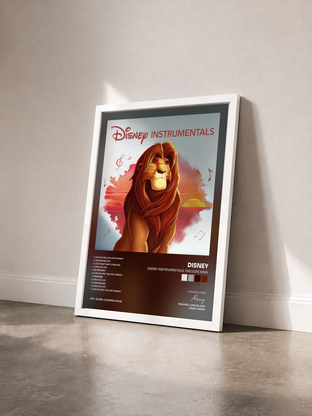 #blanc Tableau de l'album Disney Instrumentals: The Lion King de Disney vu de trois quarts, cadre blanc