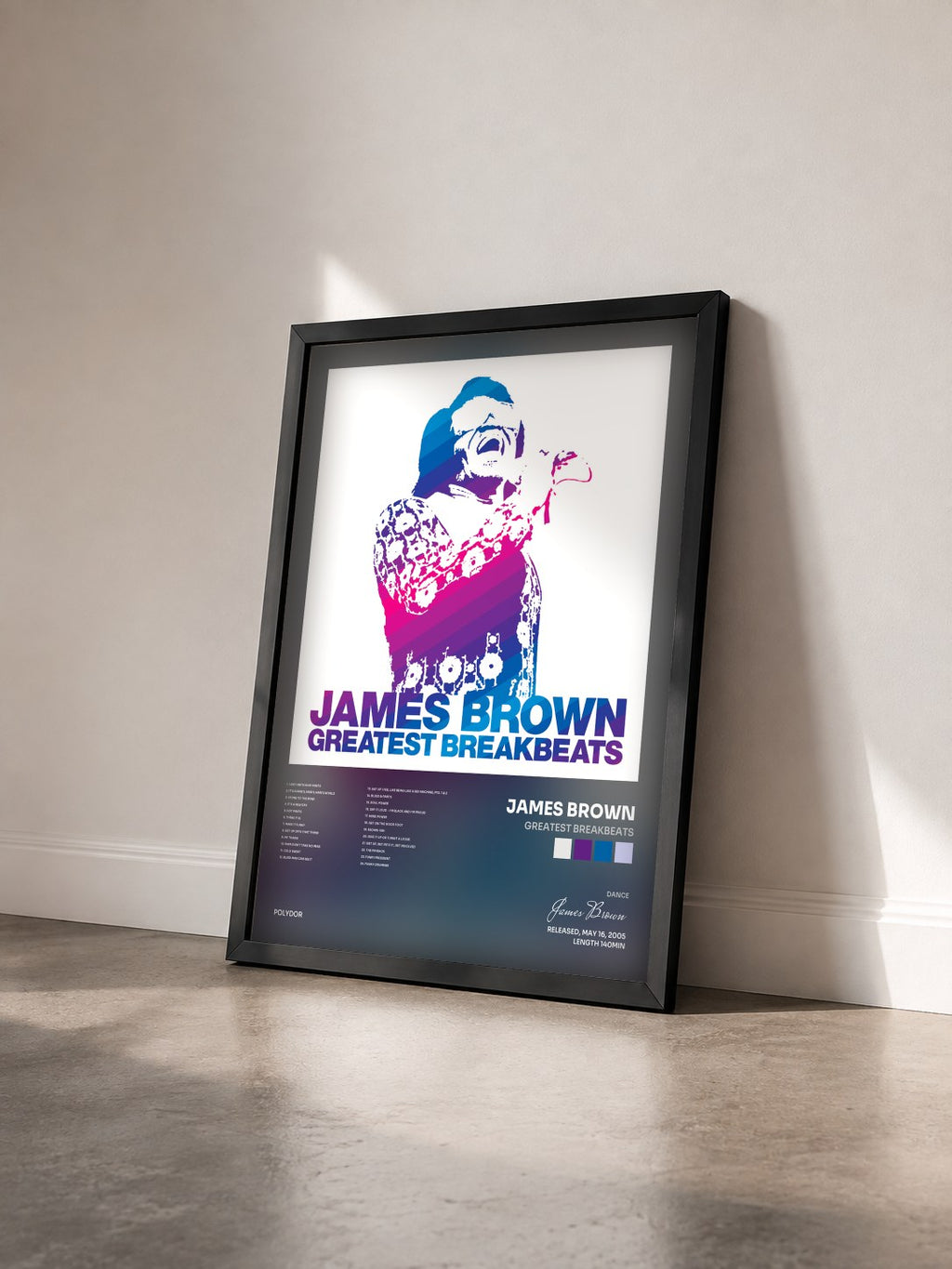 #noir Greatest Breakbeats de James Brown en lámina enmarcada vista de tres cuartos, marco negro