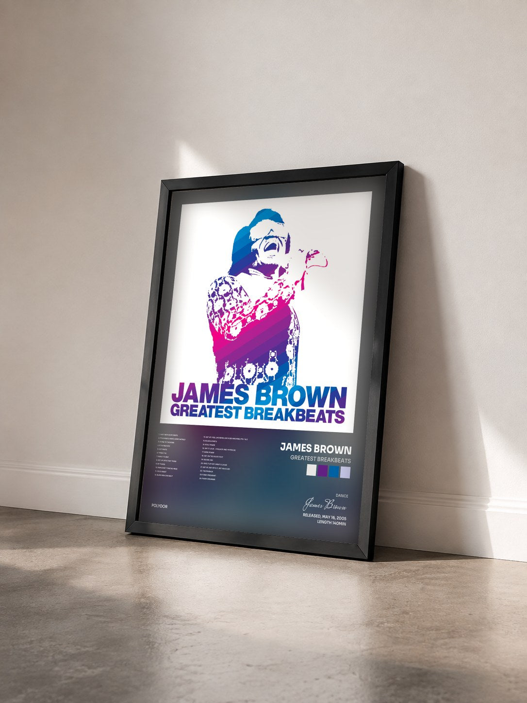 #noir Tableau de l'album Greatest Breakbeats de James Brown vu de trois quarts, cadre noir