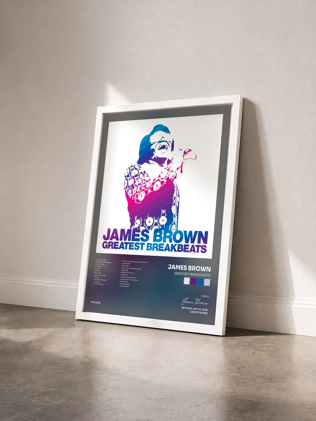 #blanc Greatest Breakbeats de James Brown en lámina enmarcada vista de tres cuartos, marco blanco