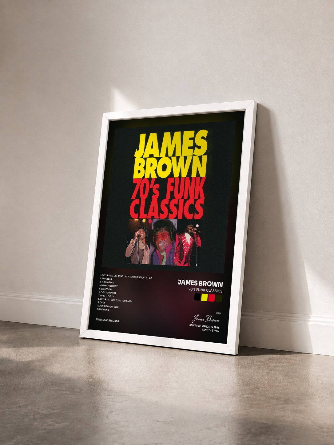 #blanc Tableau de l'album 70's Funk Classics de James Brown vu de trois quarts, cadre blanc
