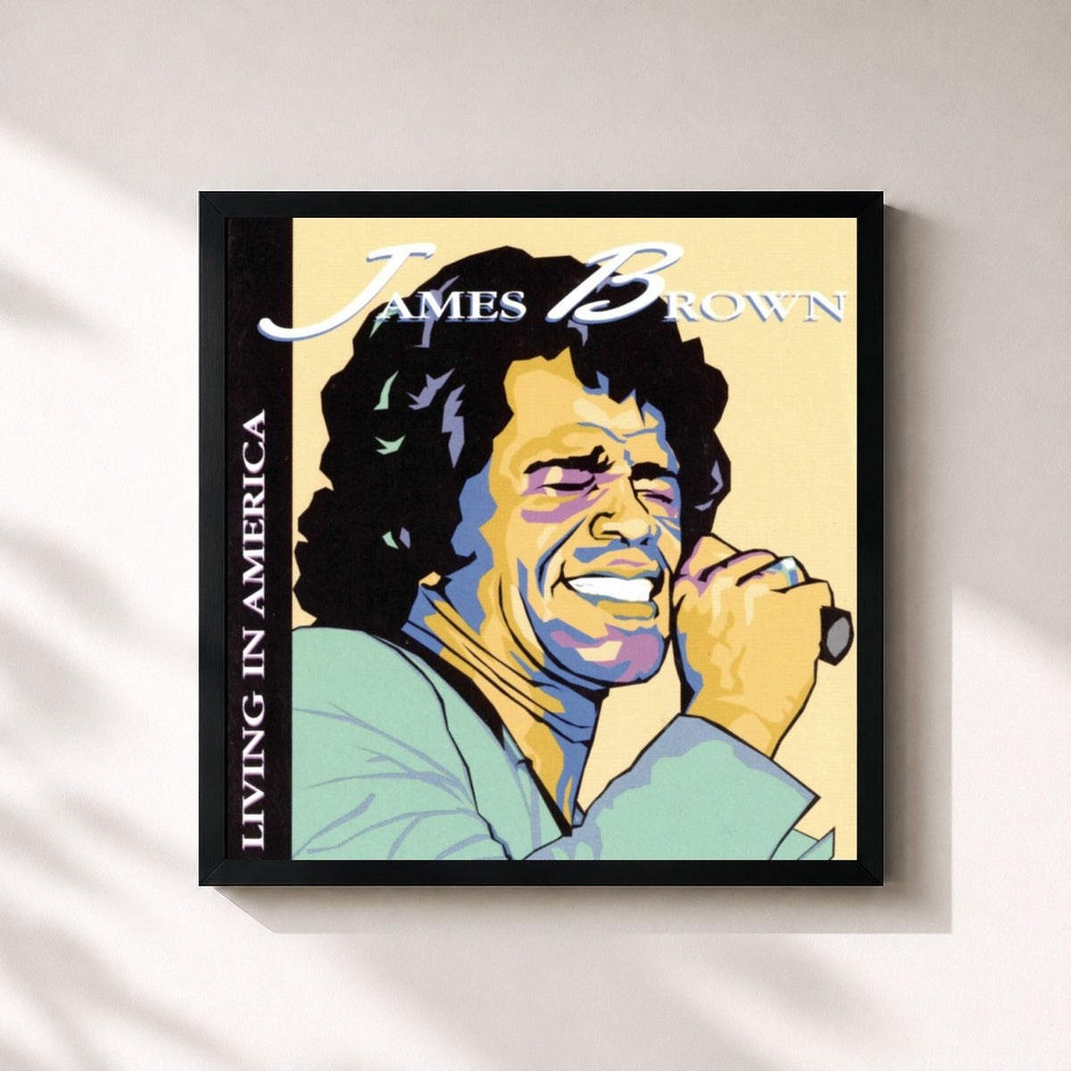 #noir Tableau carré de l'album Living In America de James Brown, cadre noir 32x32 cm