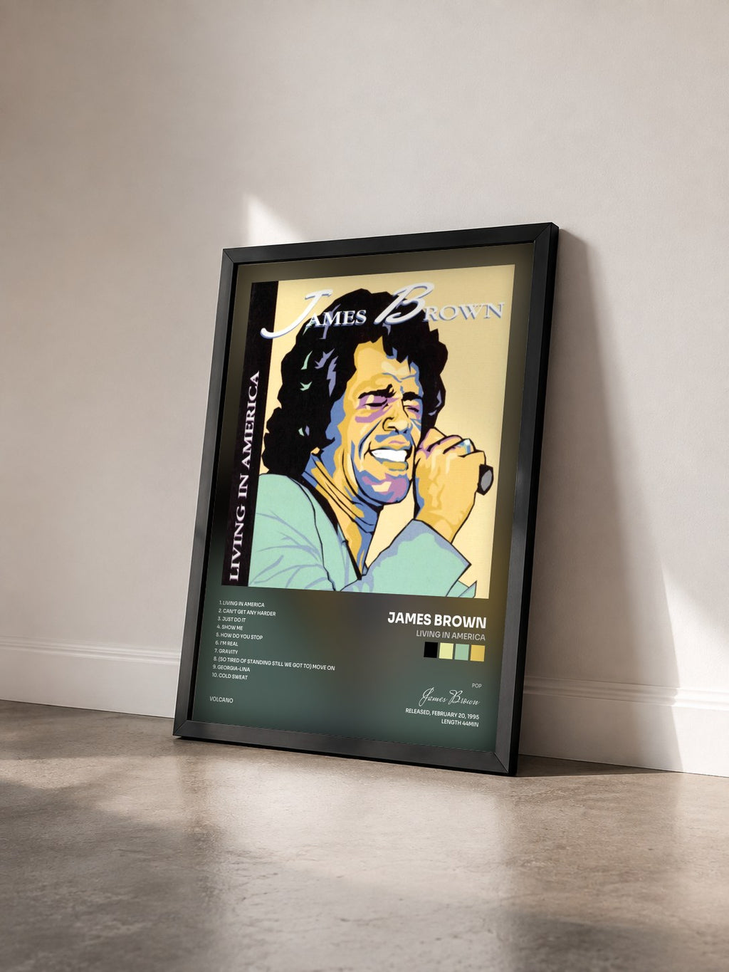 #noir Living In America di James Brown in stampa incorniciata vista di tre quarti, cornice nera