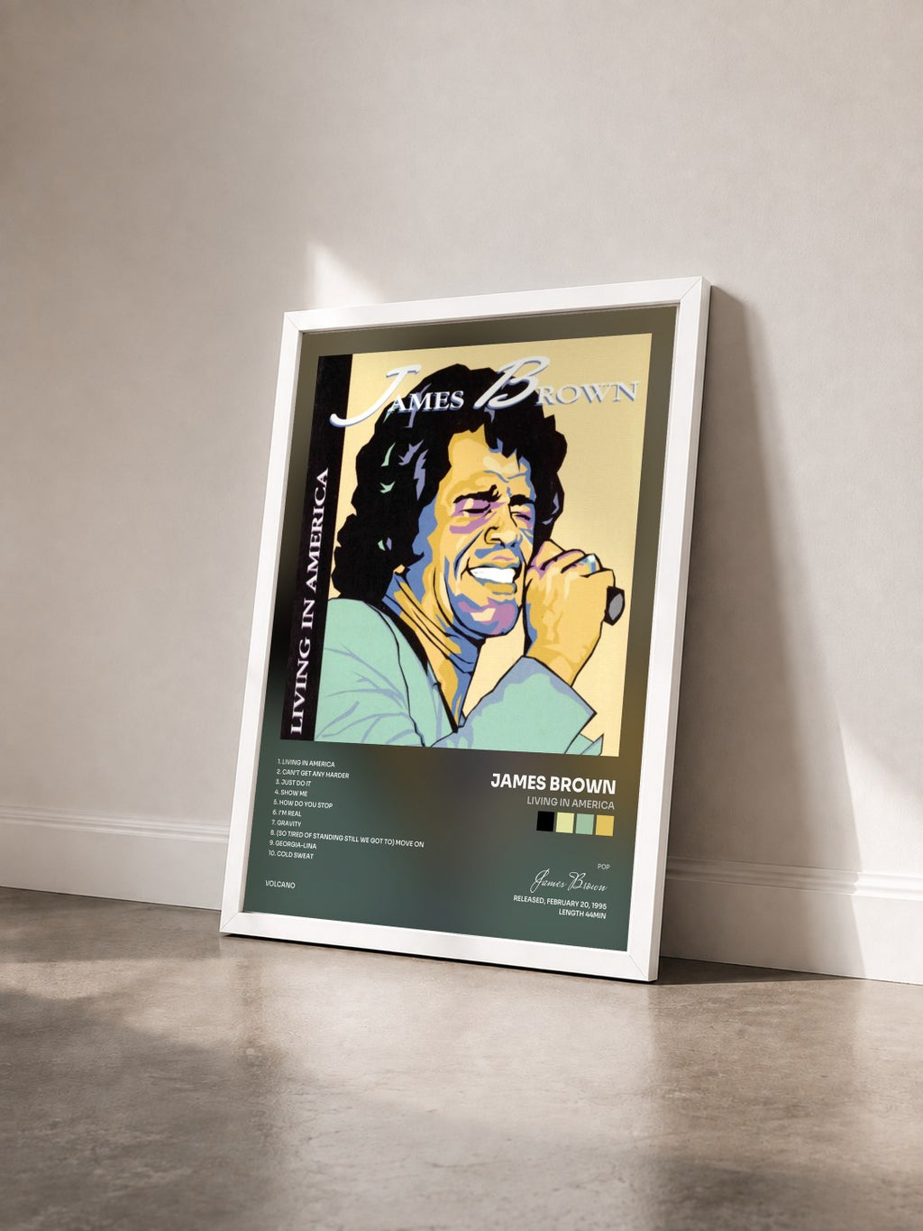 #blanc Living In America di James Brown in stampa incorniciata vista di tre quarti, cornice bianca