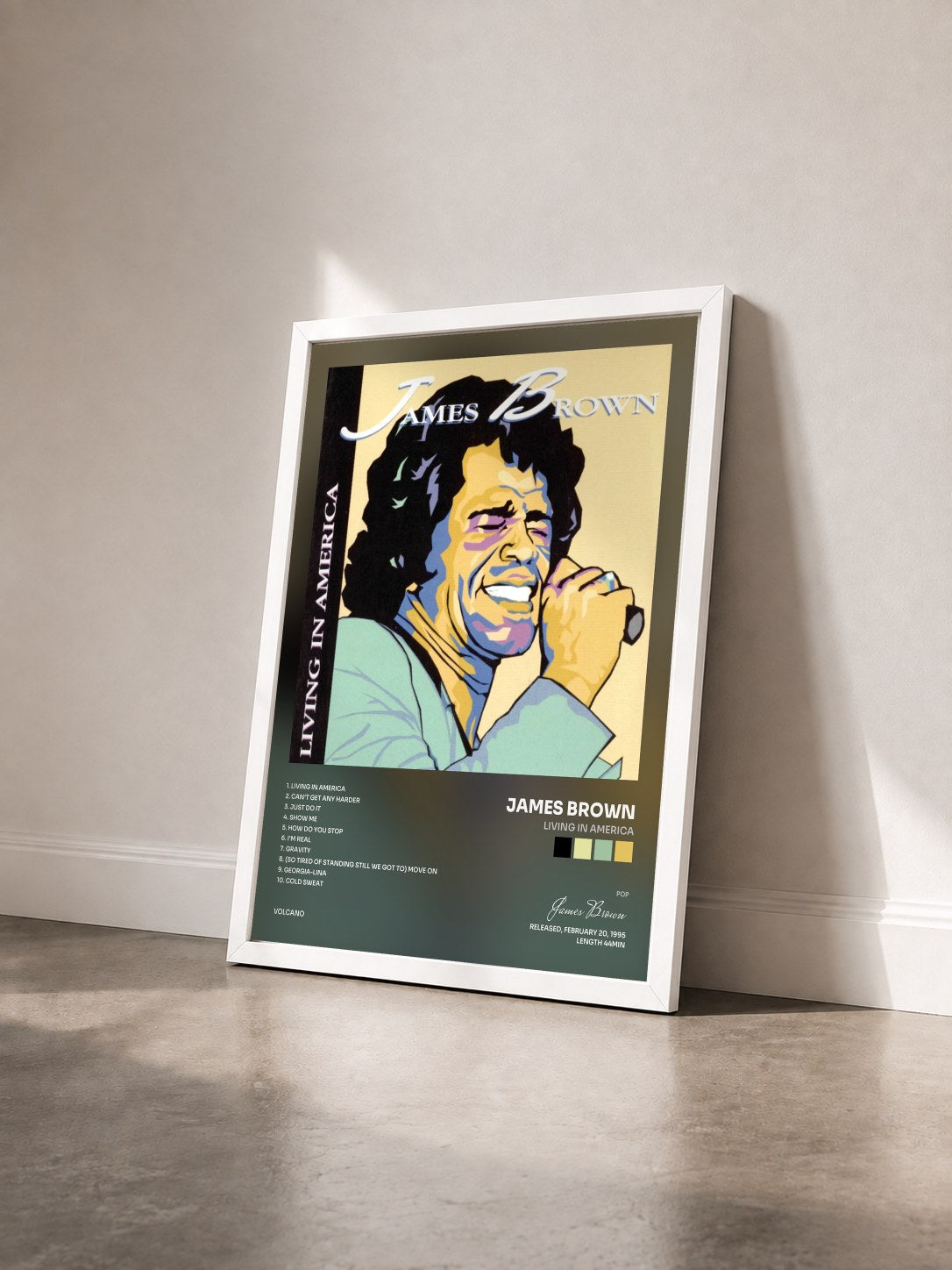 #blanc Tableau de l'album Living In America de James Brown vu de trois quarts, cadre blanc