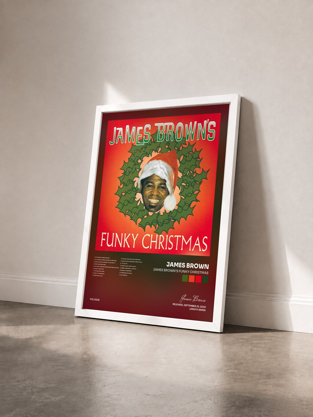 #blanc Tableau de l'album James Brown's Funky Christmas de James Brown vu de trois quarts, cadre blanc