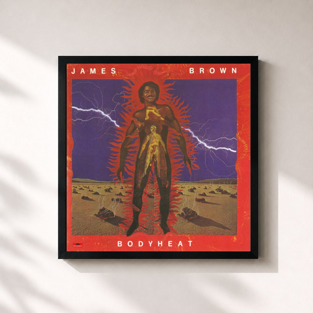 #noir Tableau carré de l'album Bodyheat de James Brown, cadre noir 32x32 cm