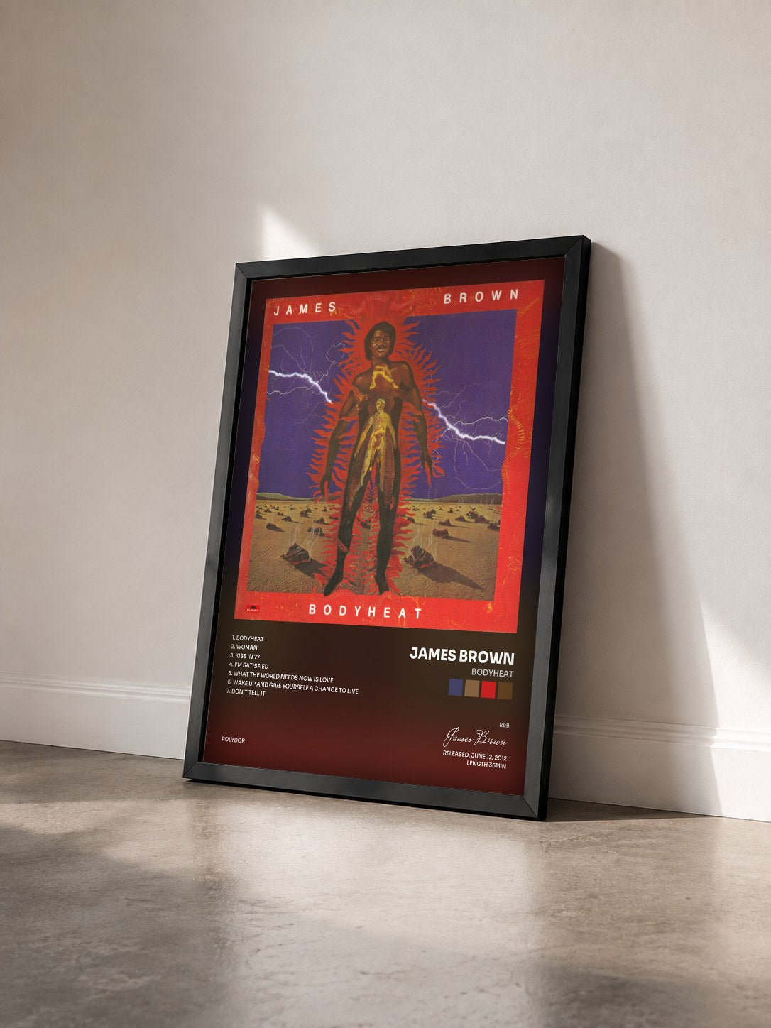 #noir Tableau de l'album Bodyheat de James Brown vu de trois quarts, cadre noir