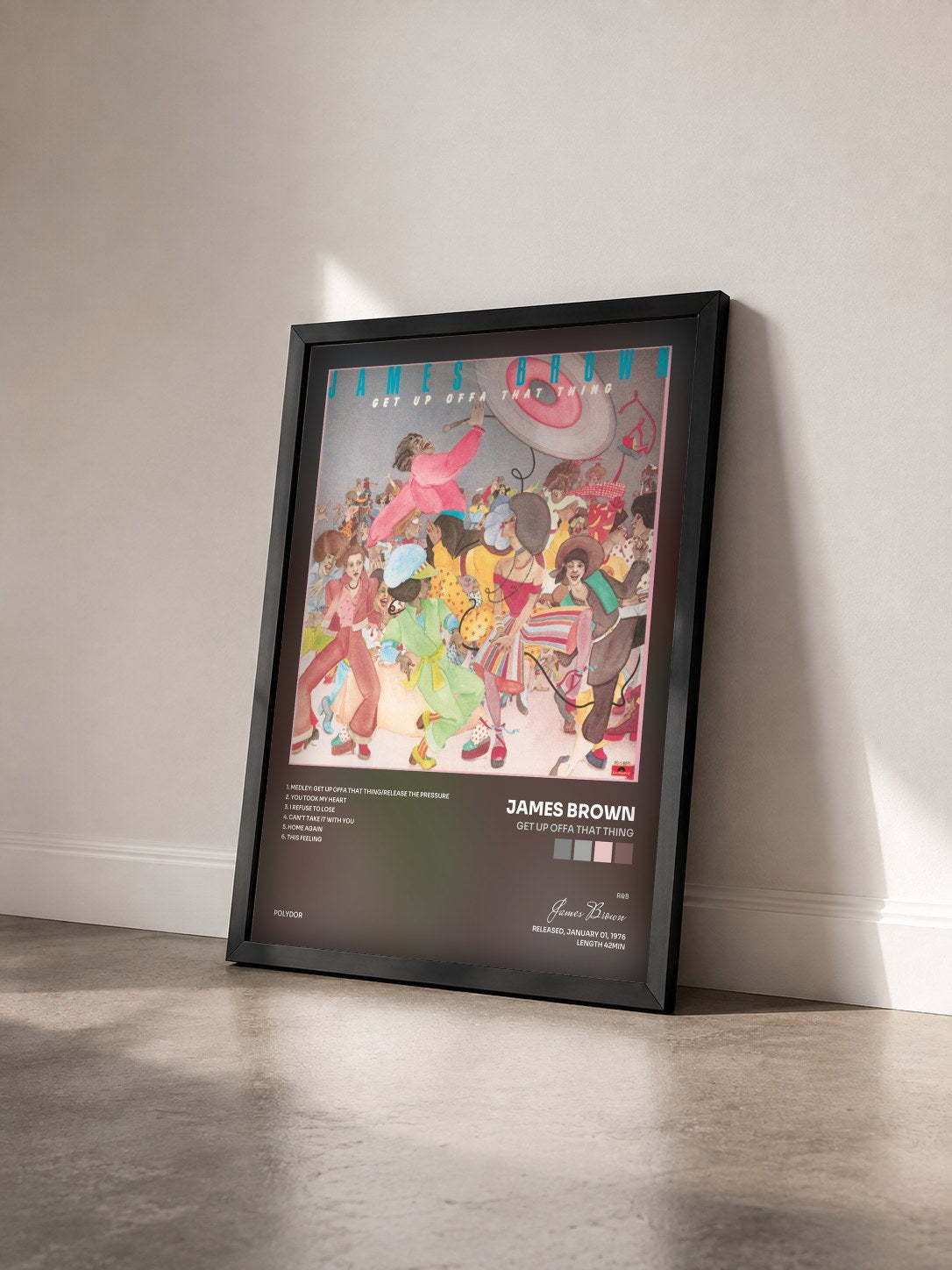 #noir Tableau de l'album Get Up Offa That Thing de James Brown vu de trois quarts, cadre noir