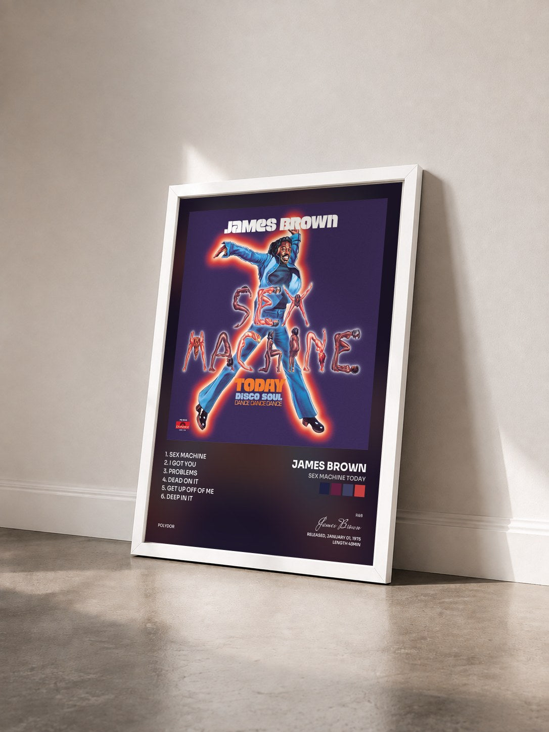 #blanc Tableau de l'album Sex Machine Today de James Brown vu de trois quarts, cadre blanc