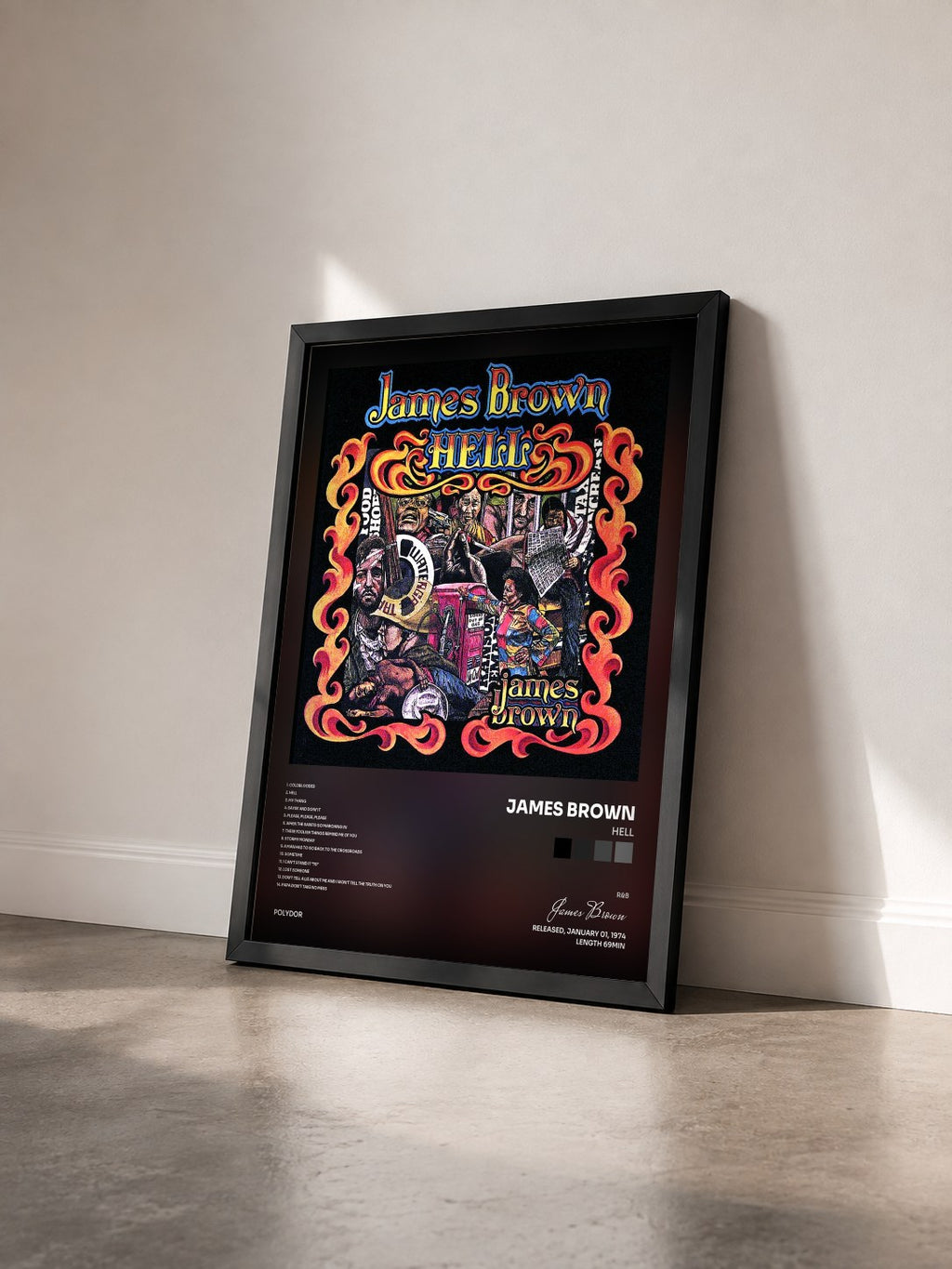 #noir Hell di James Brown in stampa incorniciata vista di tre quarti, cornice nera