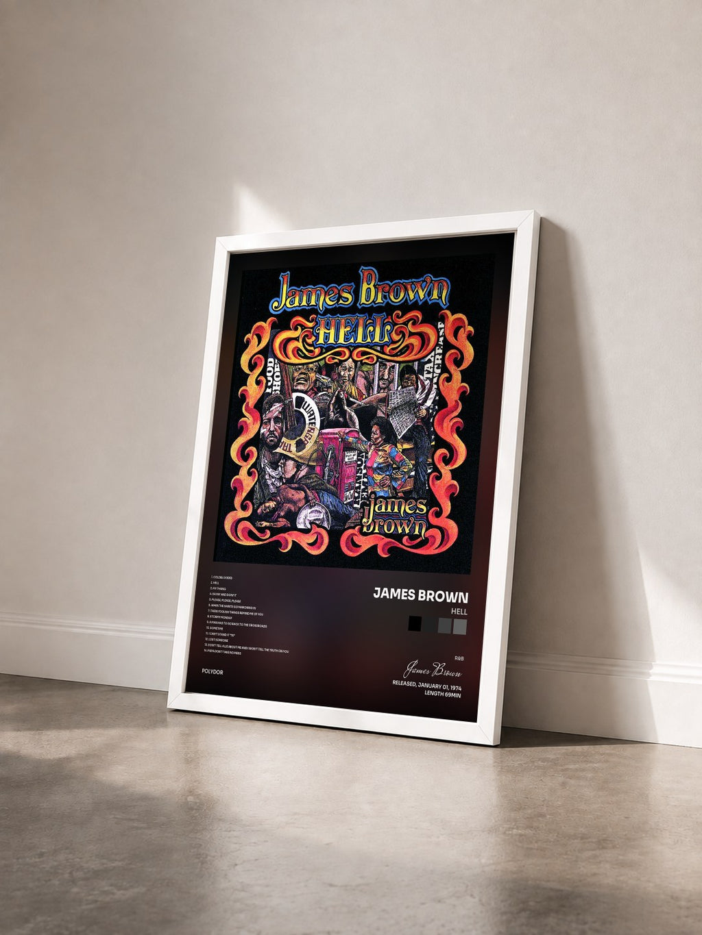 #blanc Hell di James Brown in stampa incorniciata vista di tre quarti, cornice bianca