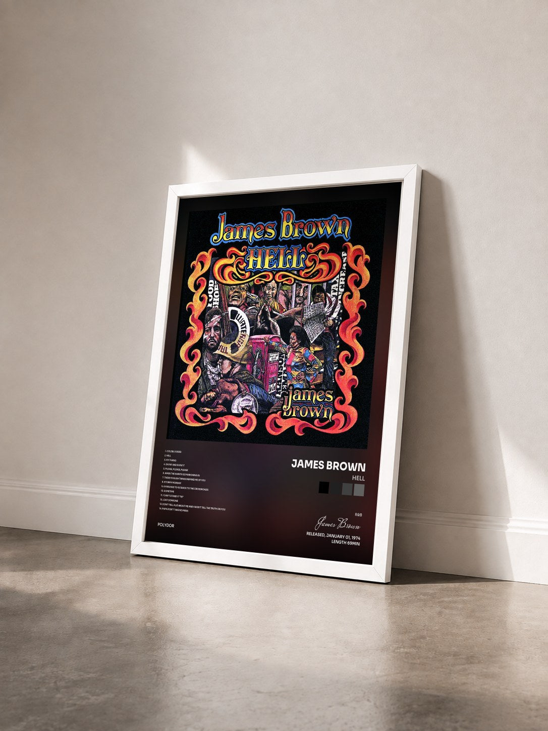 #blanc Tableau de l'album Hell de James Brown vu de trois quarts, cadre blanc