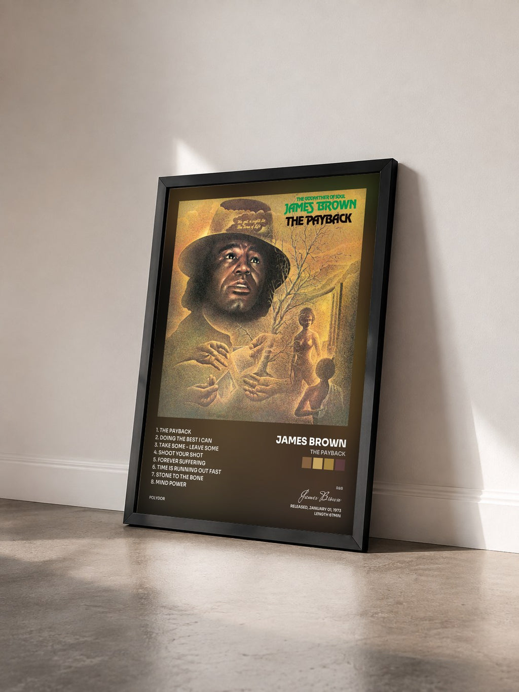 #noir Tableau de l'album The Payback de James Brown vu de trois quarts, cadre noir