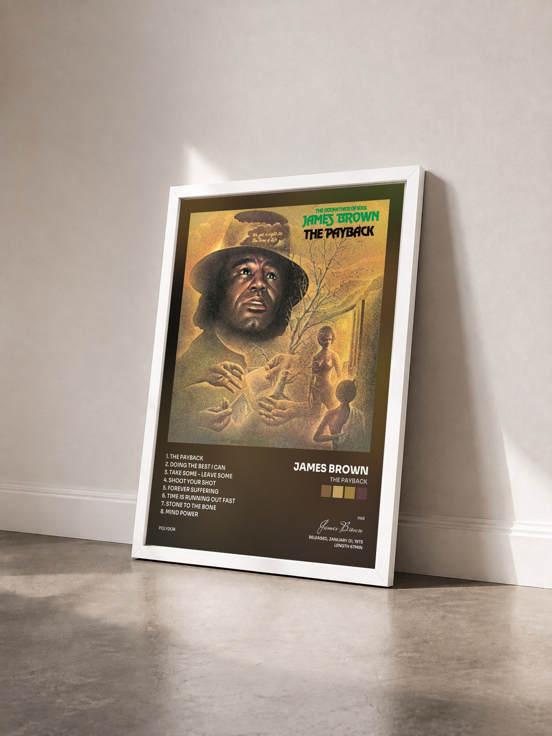 #blanc Tableau de l'album The Payback de James Brown vu de trois quarts, cadre blanc