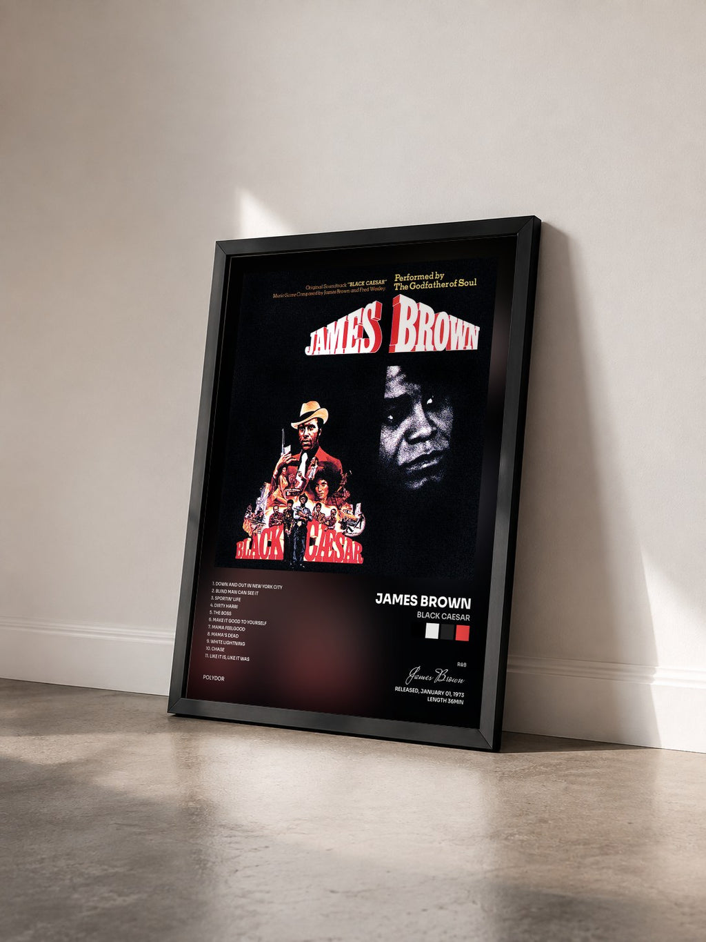 #noir Tableau de l'album Black Caesar de James Brown vu de trois quarts, cadre noir