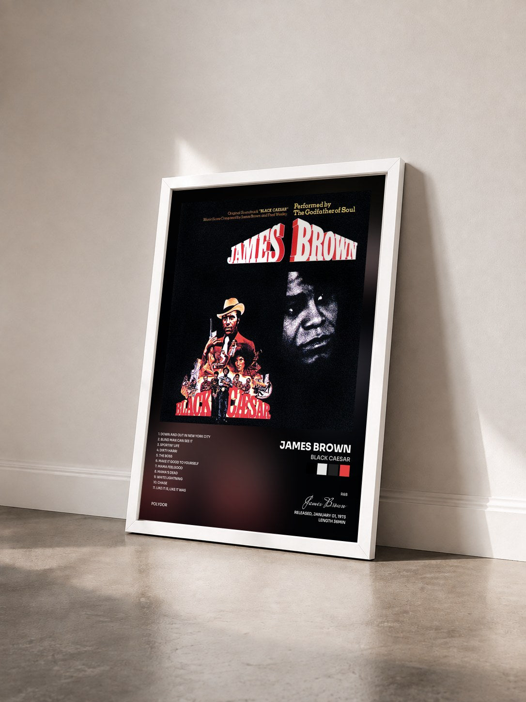 #blanc Tableau de l'album Black Caesar de James Brown vu de trois quarts, cadre blanc