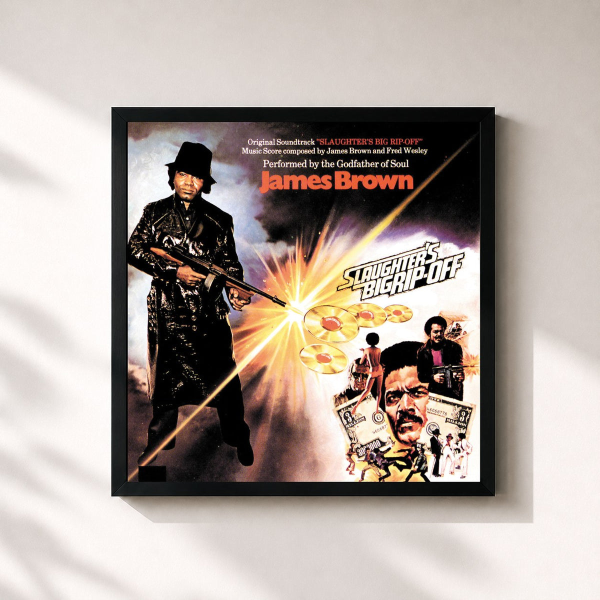 #noir Tableau carré de l'album Slaughter's Big Rip-Off de James Brown, cadre noir 32x32 cm
