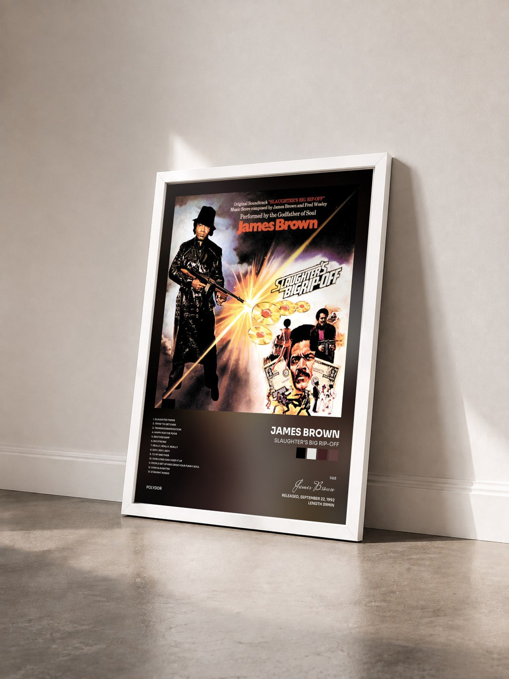 #blanc Slaughter's Big Rip-Off de James Brown en lámina enmarcada vista de tres cuartos, marco blanco