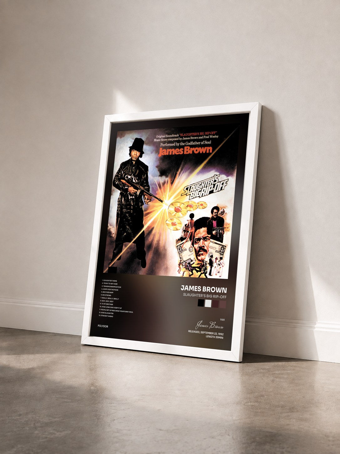 #blanc Tableau de l'album Slaughter's Big Rip-Off de James Brown vu de trois quarts, cadre blanc
