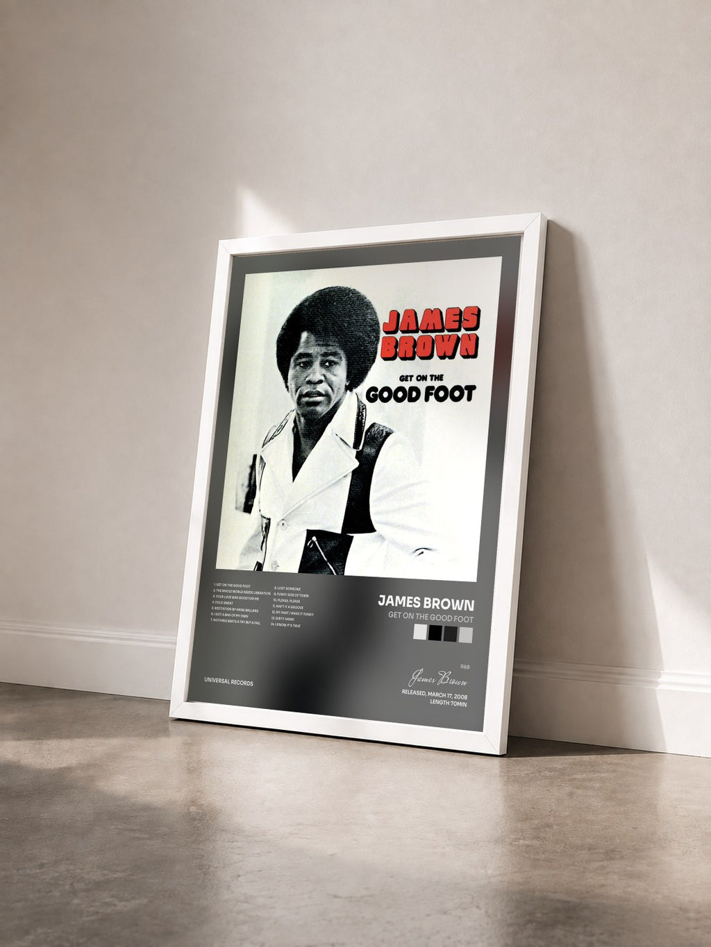#blanc Get On The Good Foot by James Brown as a framed art print seen at an angle, white frame