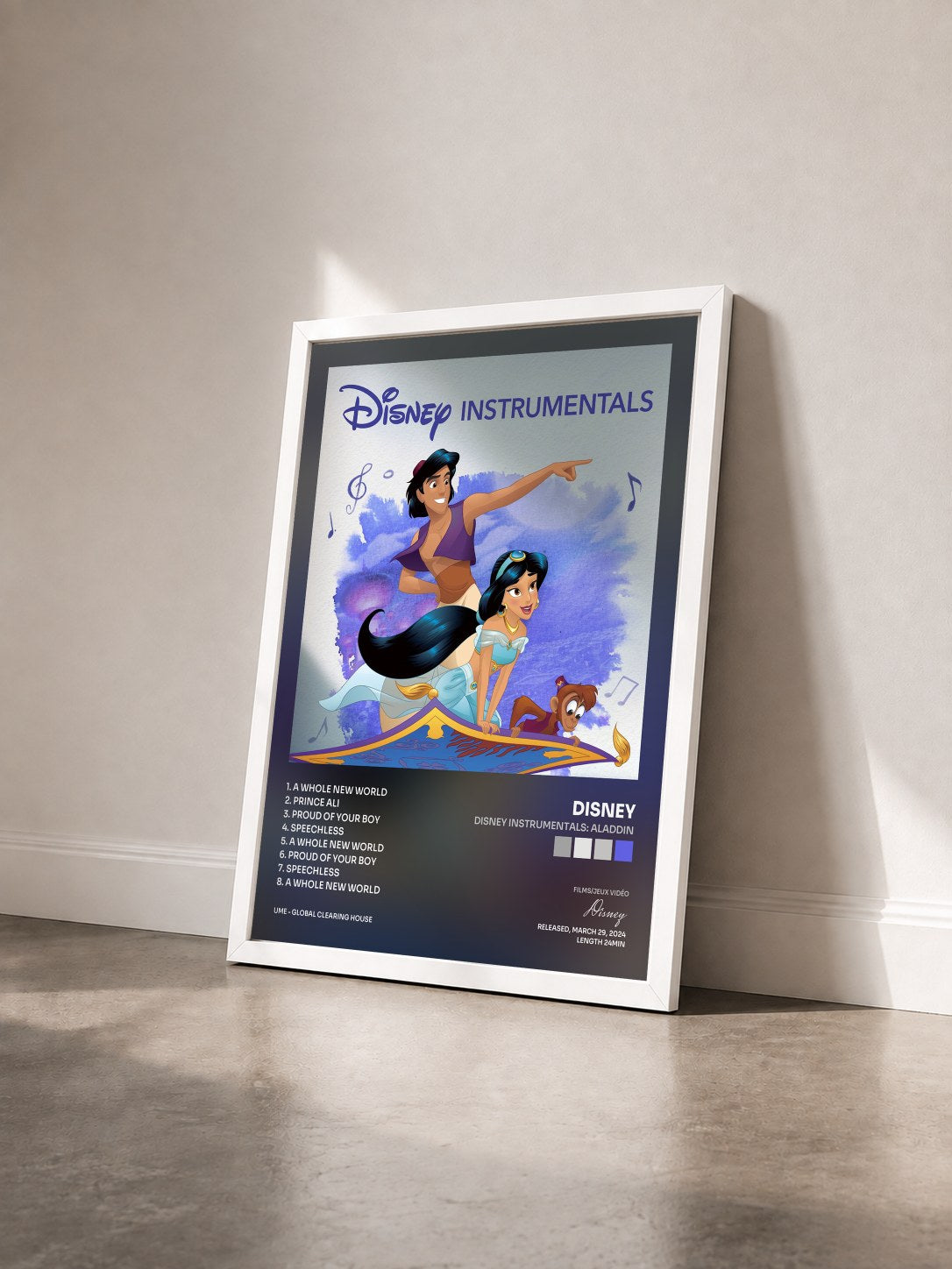 #blanc Tableau de l'album Disney Instrumentals: Aladdin de Disney vu de trois quarts, cadre blanc