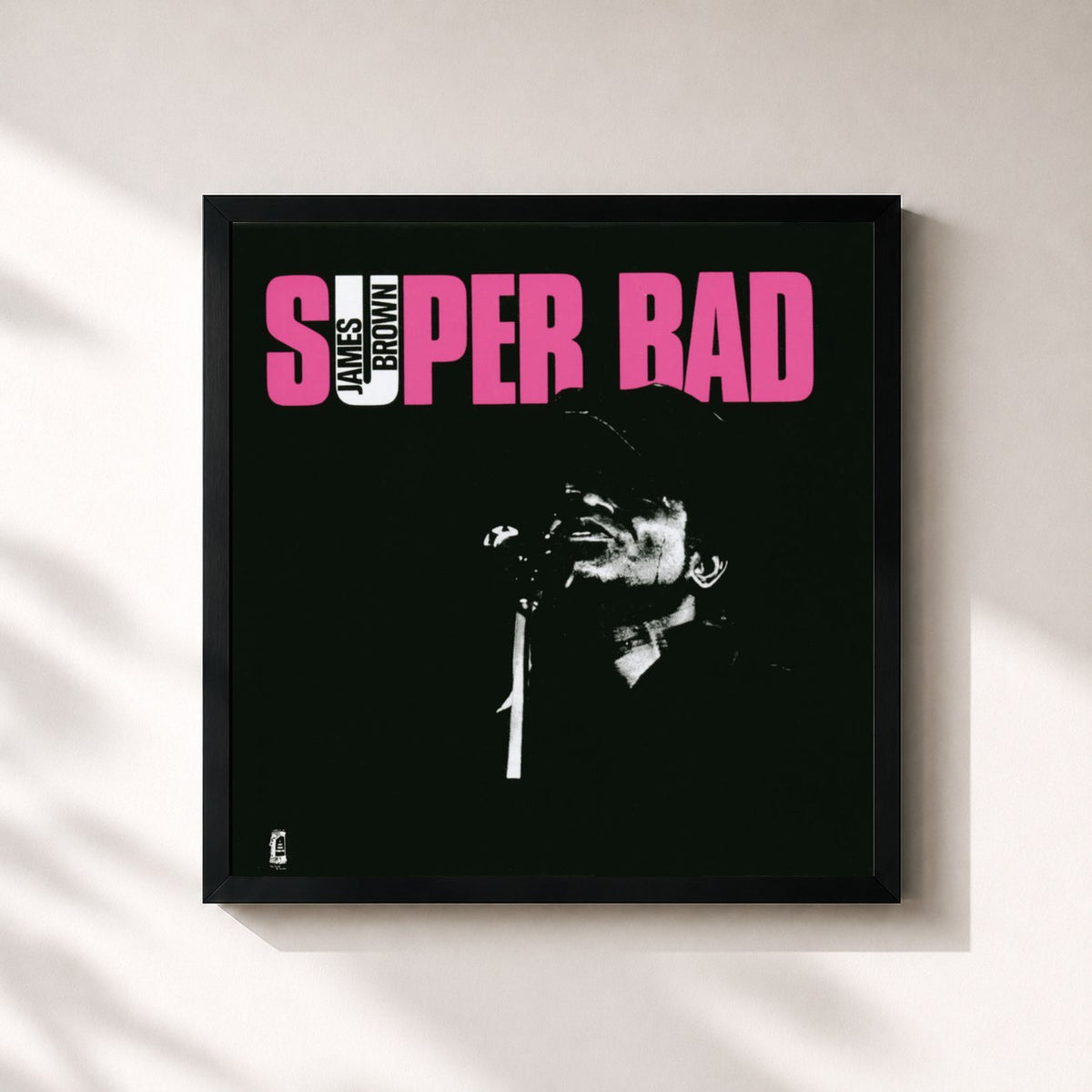 #noir Tableau carré de l'album Super Bad de James Brown, cadre noir 32x32 cm