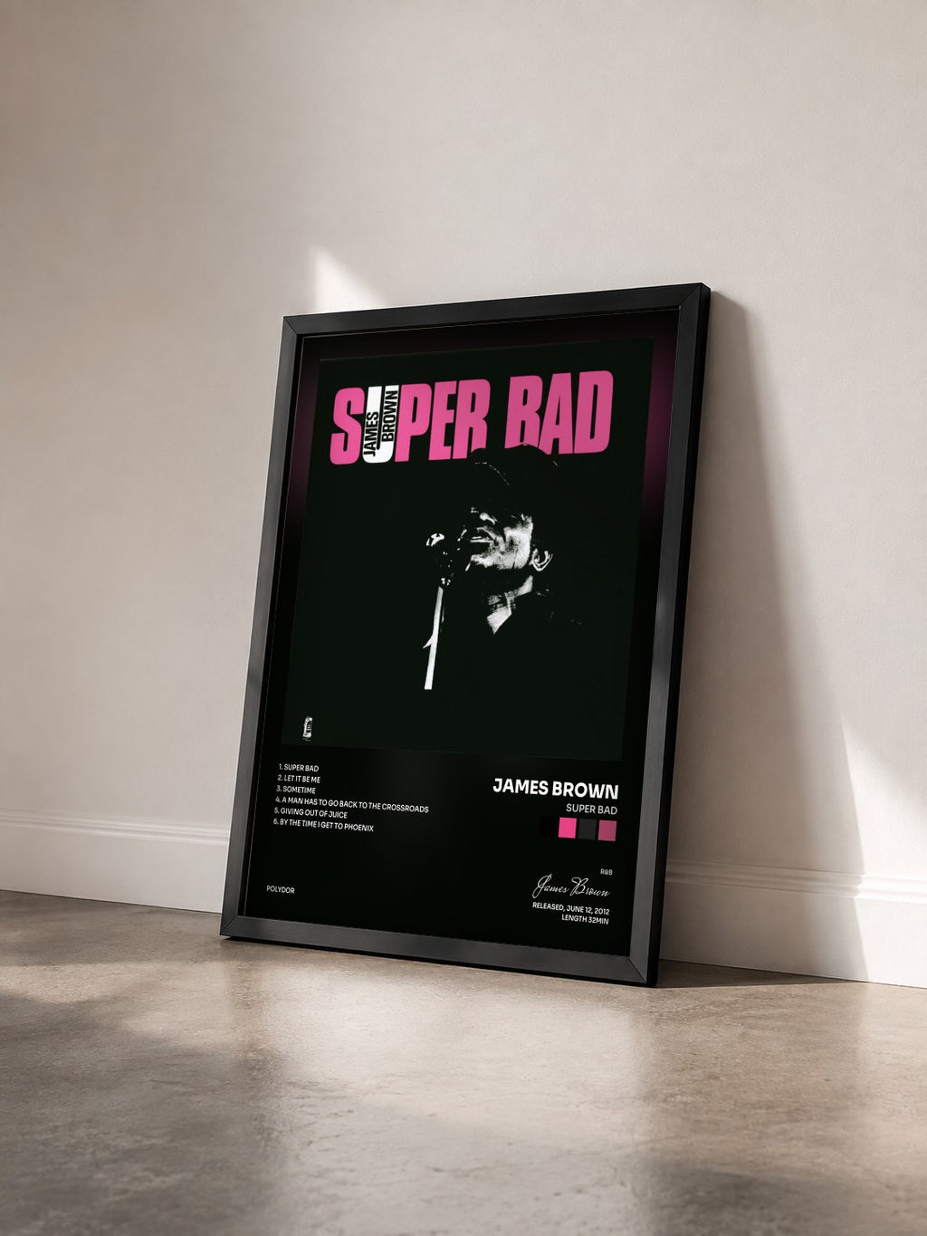 #noir Super Bad by James Brown as a framed art print seen at an angle, black frame