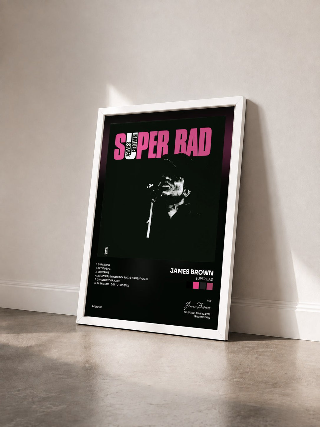 #blanc Super Bad by James Brown as a framed art print seen at an angle, white frame