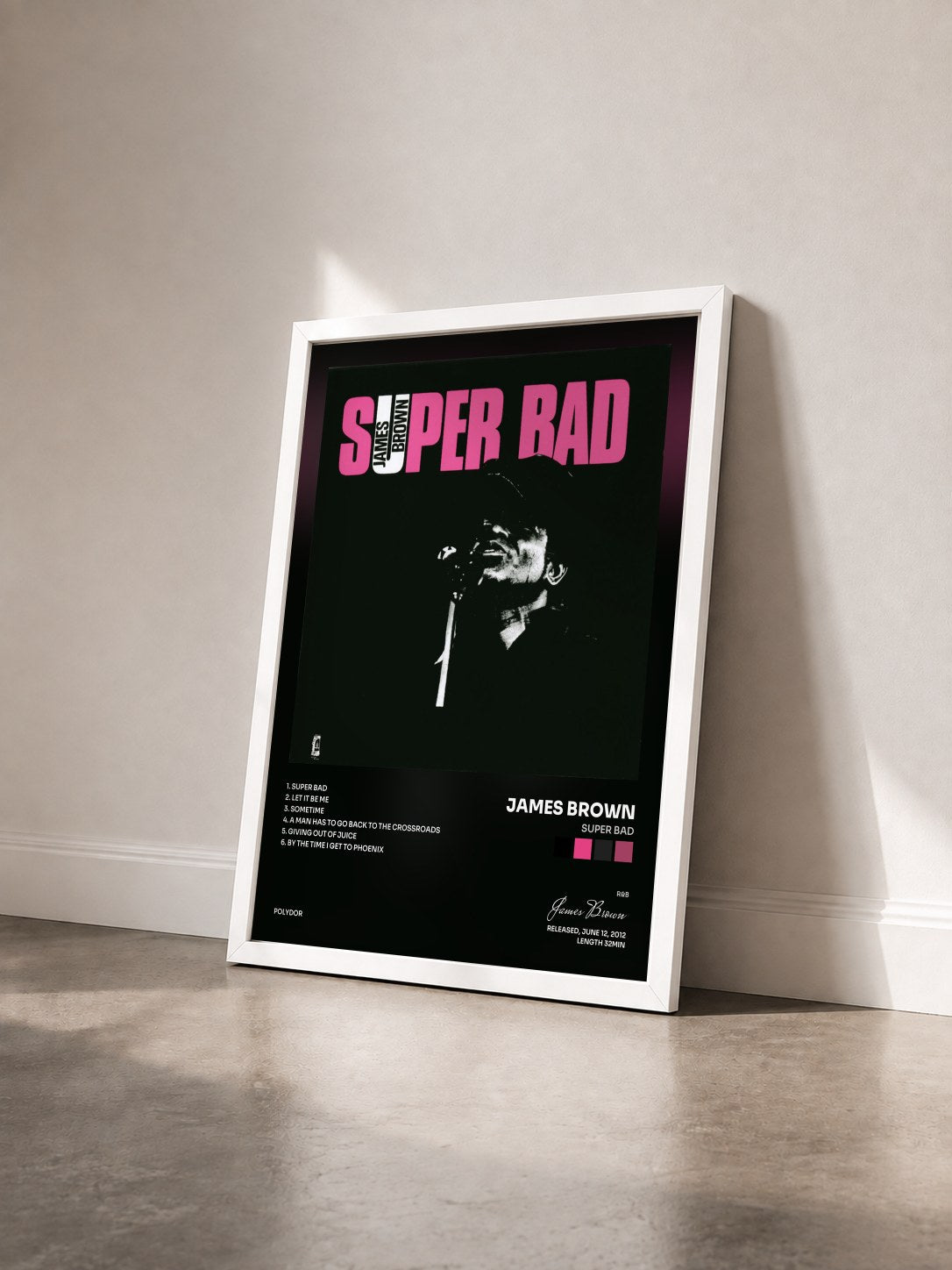 #blanc Tableau de l'album Super Bad de James Brown vu de trois quarts, cadre blanc