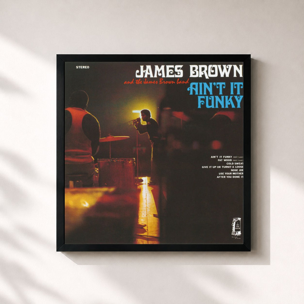 #noir Tableau carré de l'album Ain't It Funky de James Brown, cadre noir 32x32 cm