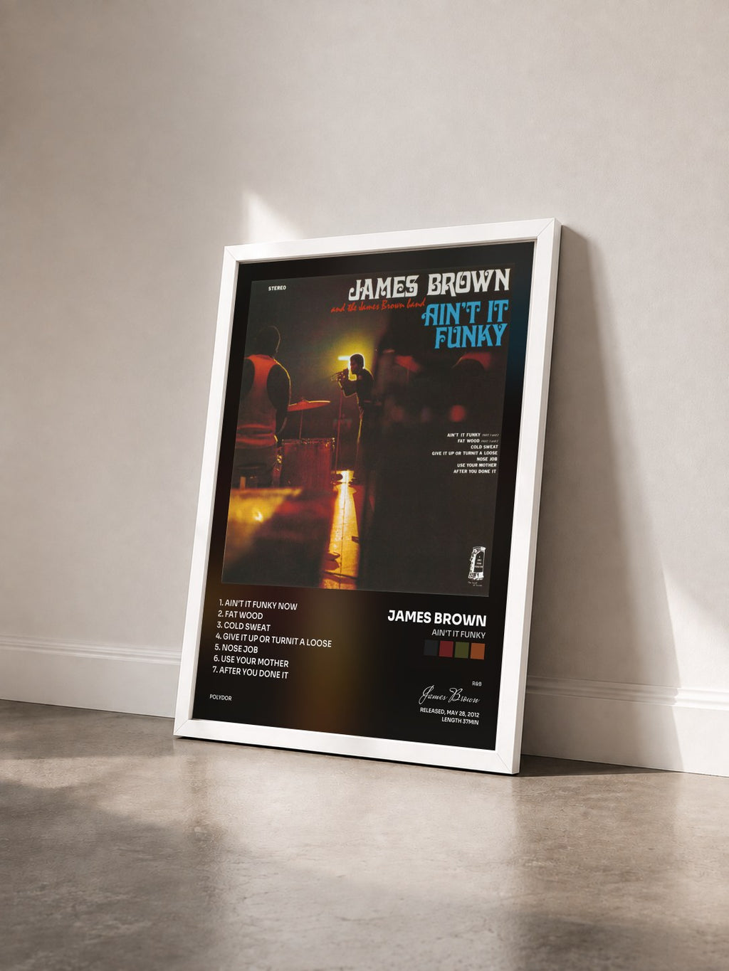 #blanc Ain't It Funky di James Brown in stampa incorniciata vista di tre quarti, cornice bianca