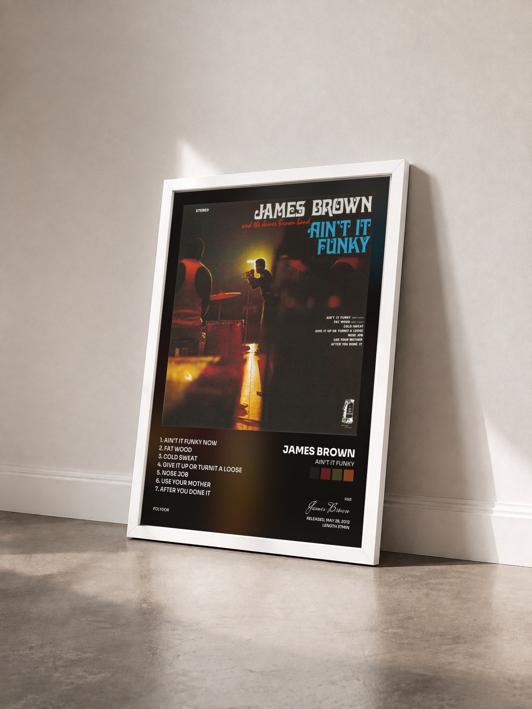 #blanc Tableau de l'album Ain't It Funky de James Brown vu de trois quarts, cadre blanc