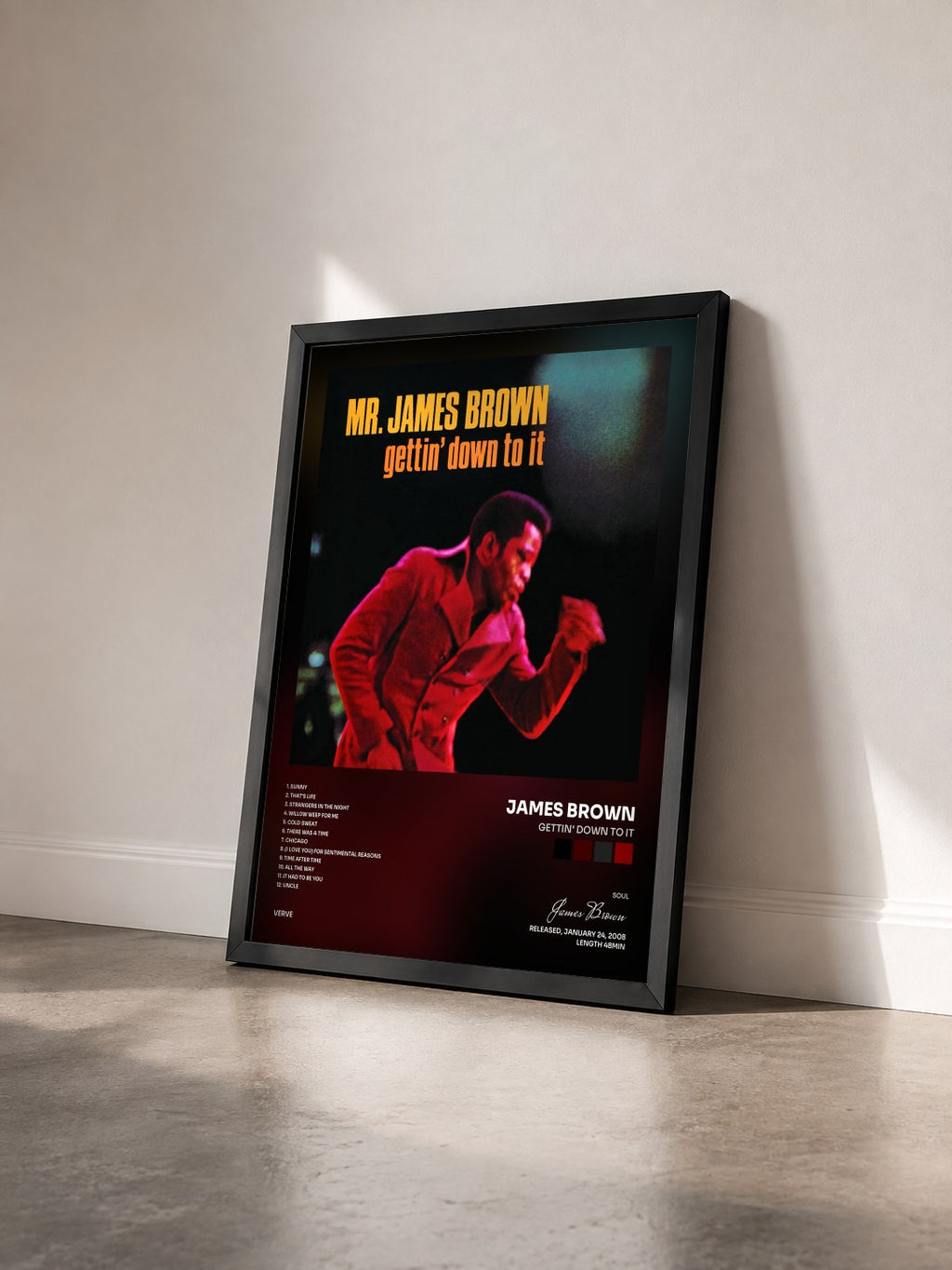 #noir Gettin' Down To It von James Brown als gerahmter Kunstdruck von schräg gesehen, schwarzer Rahmen
