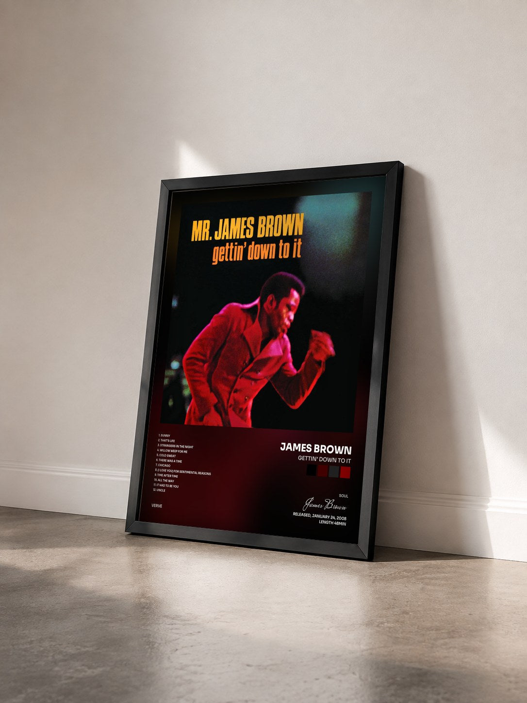 #noir Tableau de l'album Gettin' Down To It de James Brown vu de trois quarts, cadre noir