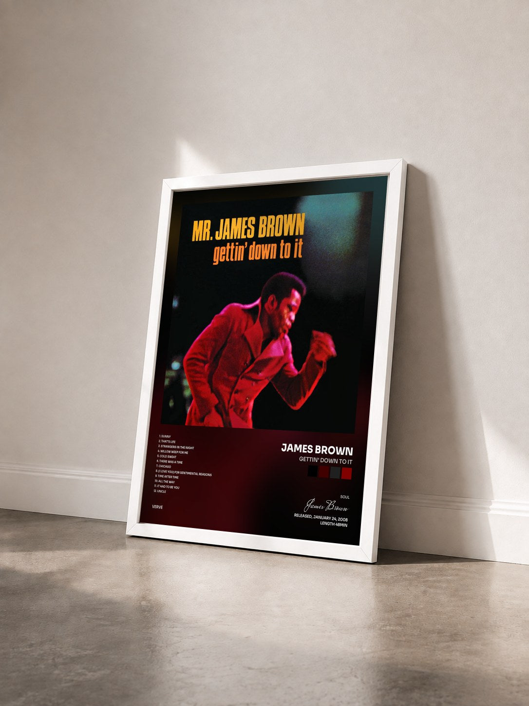 #blanc Tableau de l'album Gettin' Down To It de James Brown vu de trois quarts, cadre blanc