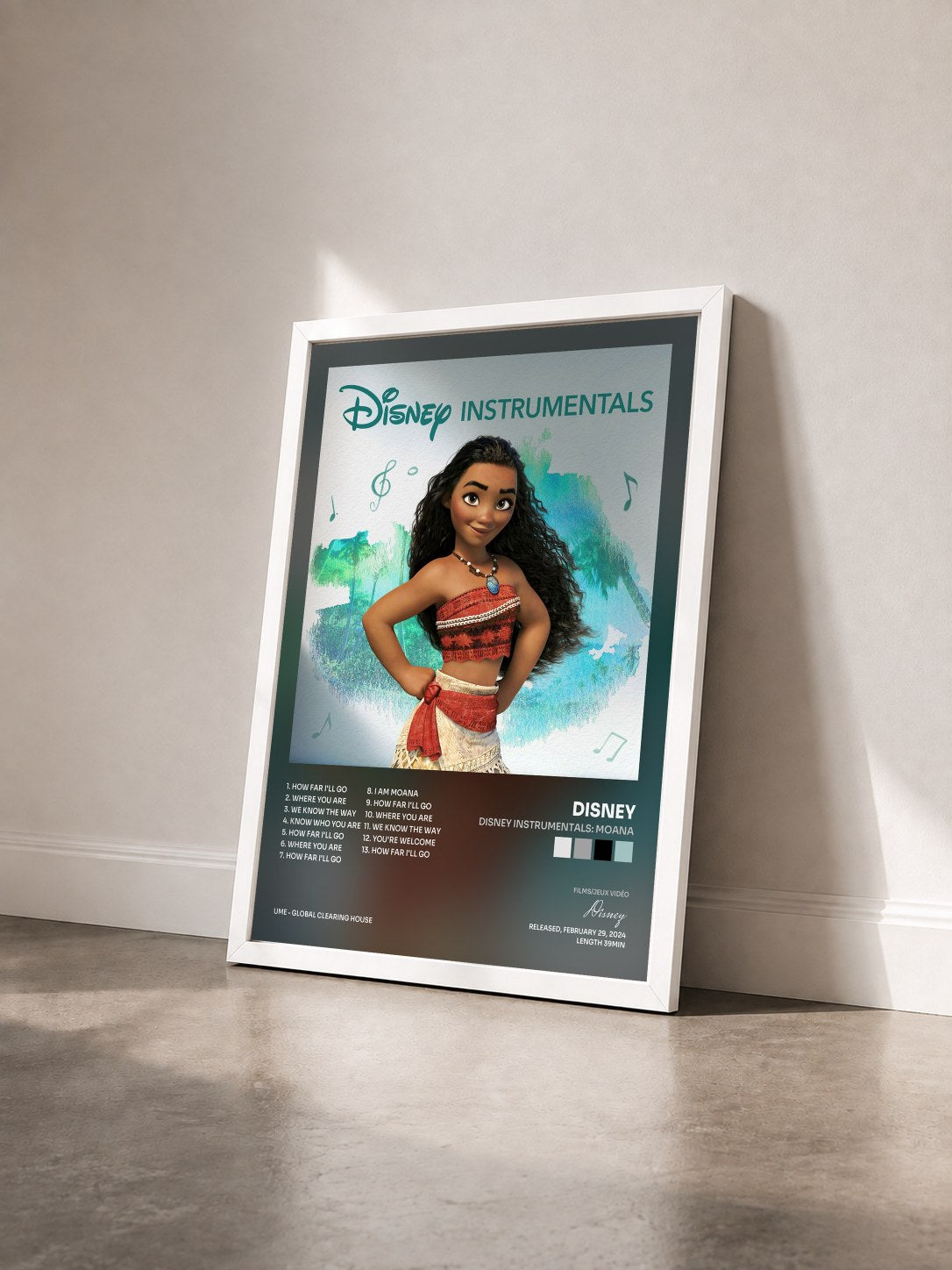 #blanc Tableau de l'album Disney Instrumentals: Moana de Disney vu de trois quarts, cadre blanc