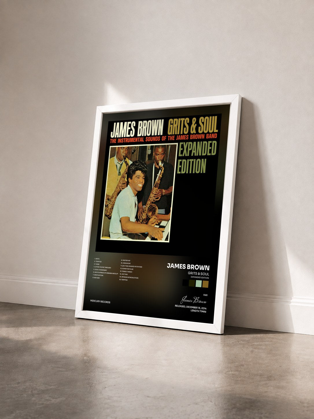 #blanc Tableau de l'album Grits & Soul (Expanded Edition) de James Brown vu de trois quarts, cadre blanc