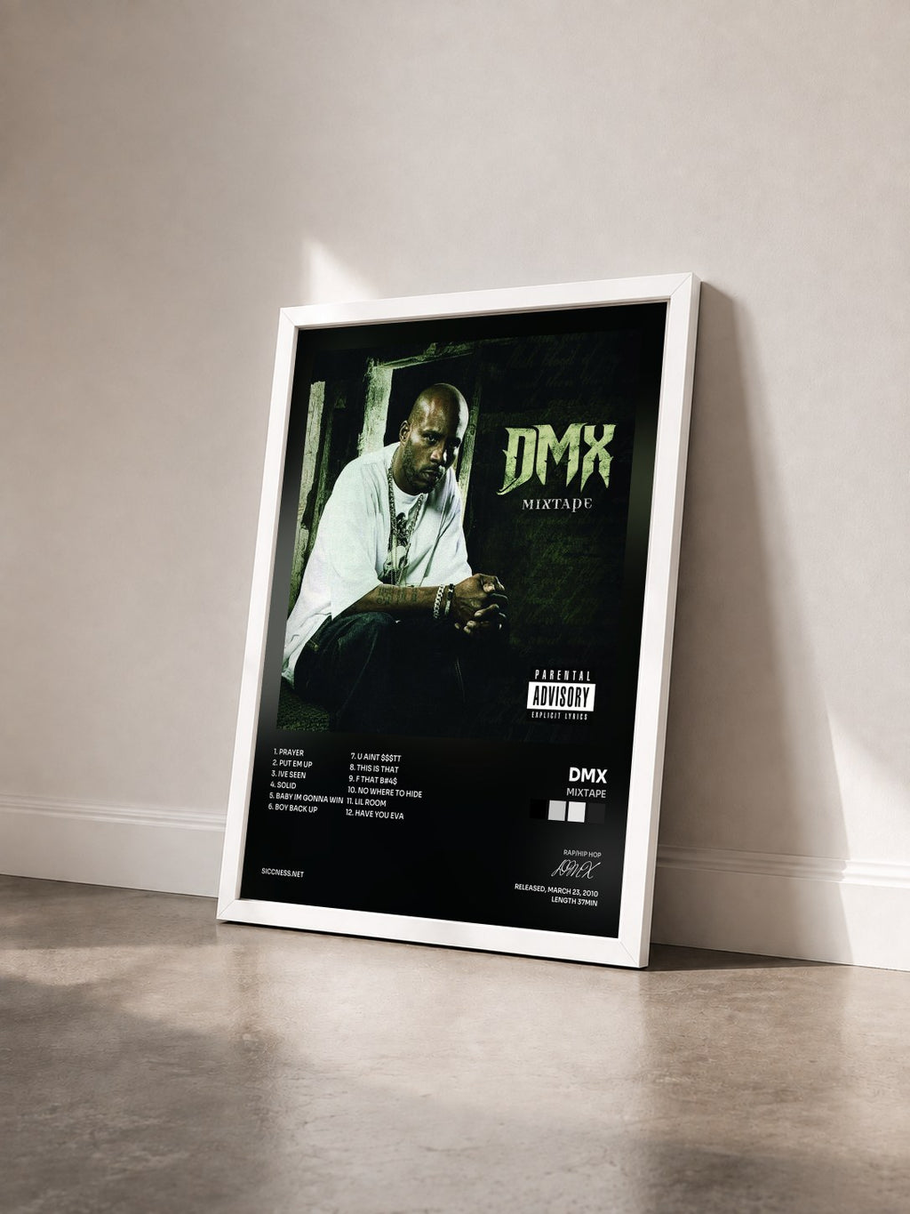 #blanc Mixtape de DMX en lámina enmarcada vista de tres cuartos, marco blanco
