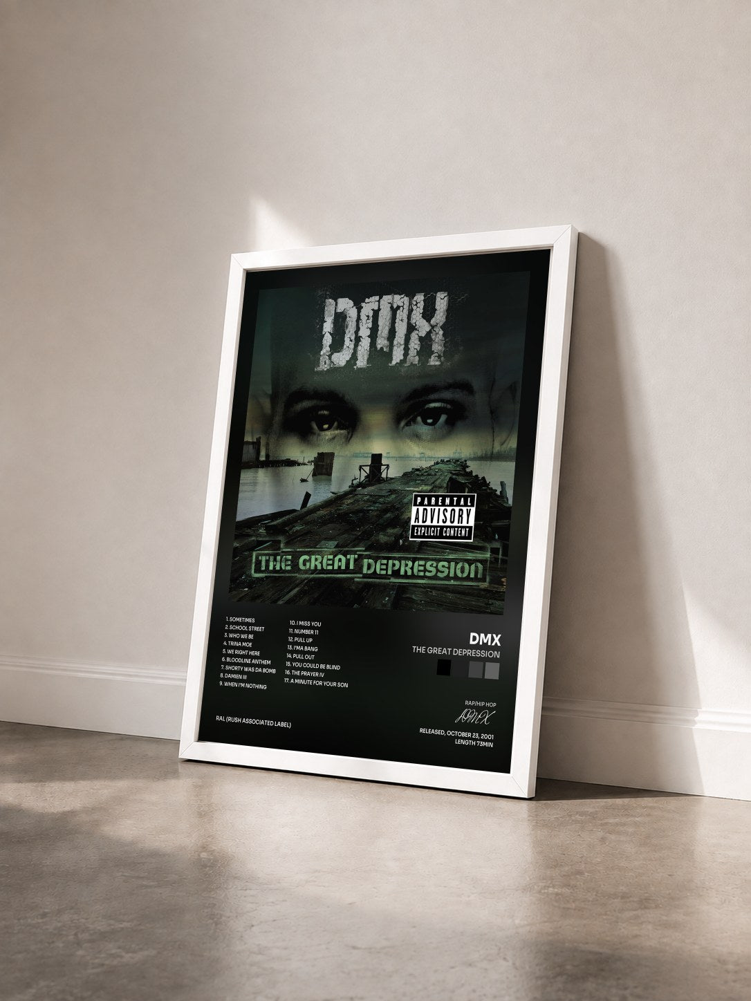 #blanc Tableau de l'album The Great Depression de DMX vu de trois quarts, cadre blanc