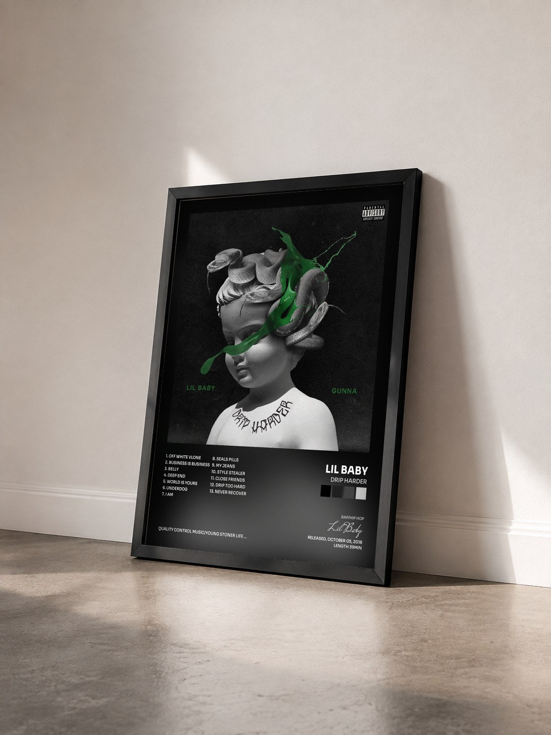 #noir Drip Harder by Lil Baby as a framed art print seen at an angle, black frame