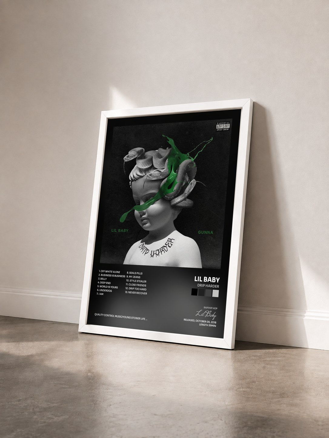 #blanc Drip Harder by Lil Baby as a framed art print seen at an angle, white frame