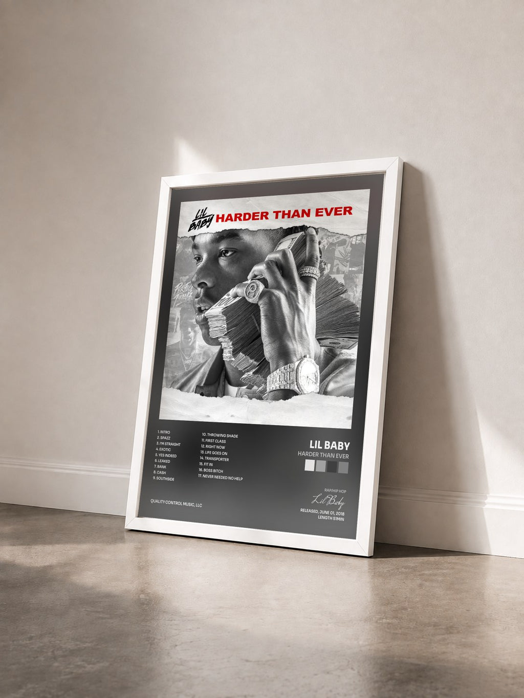 #blanc Harder Than Ever di Lil Baby in stampa incorniciata vista di tre quarti, cornice bianca