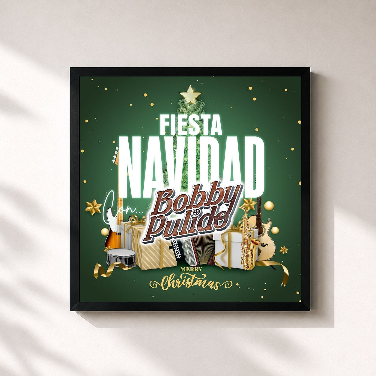 #noir Tableau carré de l'album Fiesta Navidad Con Bobby Pulido "Merry Christmas" de Bobby Pulido, cadre noir 32x32 cm