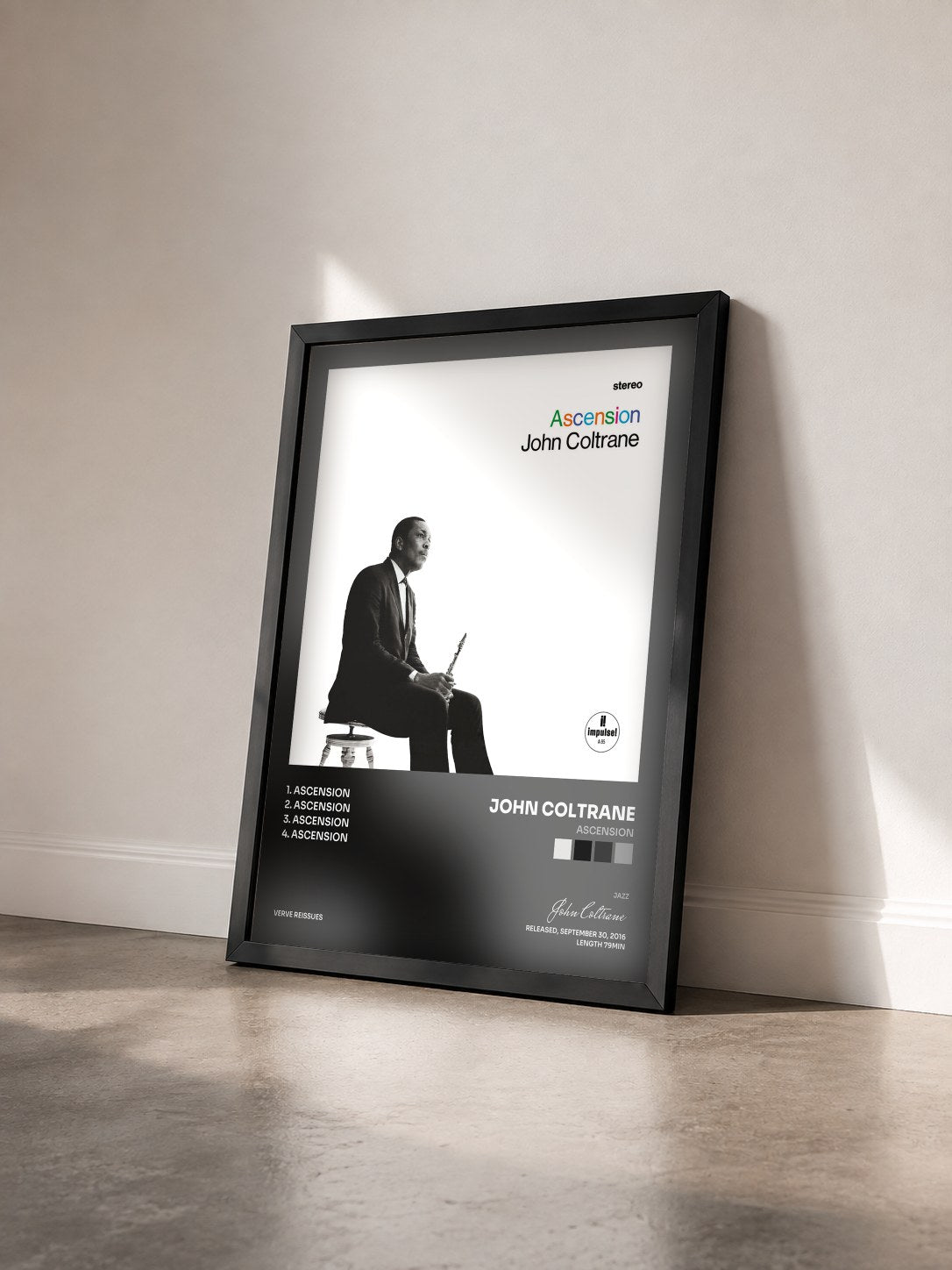 #noir Tableau de l'album Ascension de John Coltrane vu de trois quarts, cadre noir