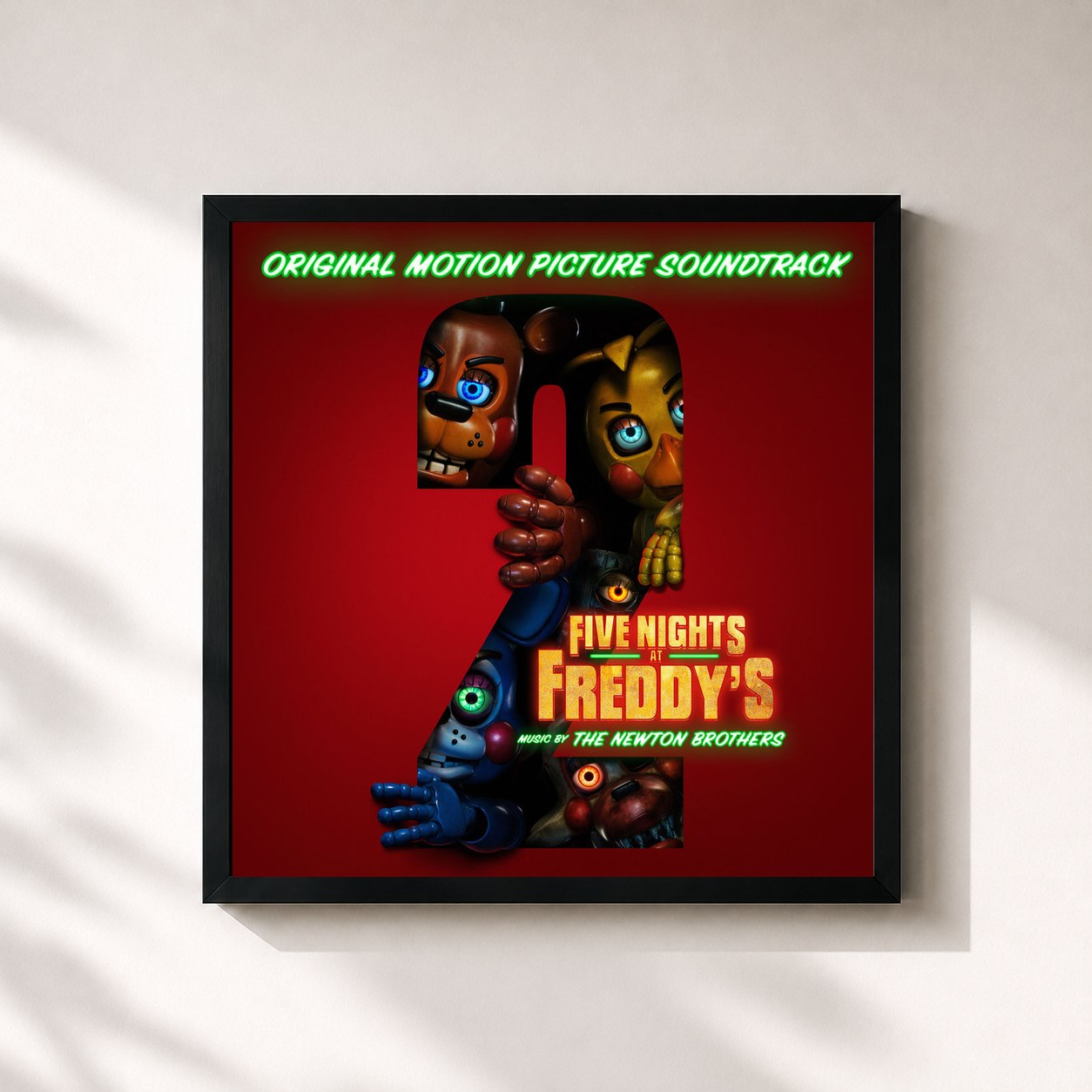 #noir Tableau carré de l'album Five Nights at Freddy's 2 (Original Motion Picture Soundtrack) de The Newton Brothers, cadre noir 32x32 cm