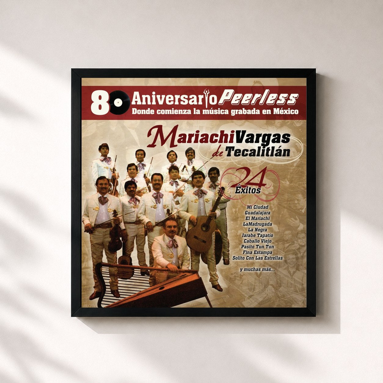 #noir Tableau carré de l'album Peerless 80 Aniversario - 24 Exitos de Mariachi Vargas De Tecalitlan, cadre noir 32x32 cm