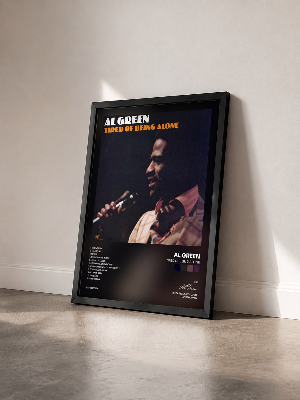 #noir Tired of Being Alone di Al Green in stampa incorniciata vista di tre quarti, cornice nera